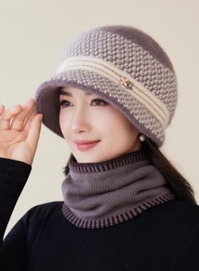 兔毛针织秋冬中老年帽子女毛线帽奶奶老人帽子冬季中年妈妈帽围巾