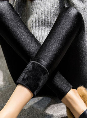 秋冬加绒高腰光泽裤女外穿九分打底裤弹力黑色踩脚裤加厚大码胖mm