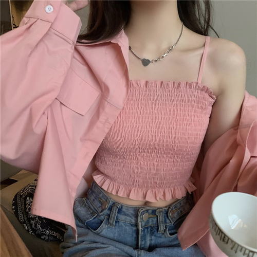 Real shot!  Spring and summer versatile tube top suspender + design and temperament long-sleeved shirt and jacket two-piece suit