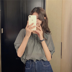 Real price! Korean version simple retro temperament neckline design shirt round neck bubble sleeve top