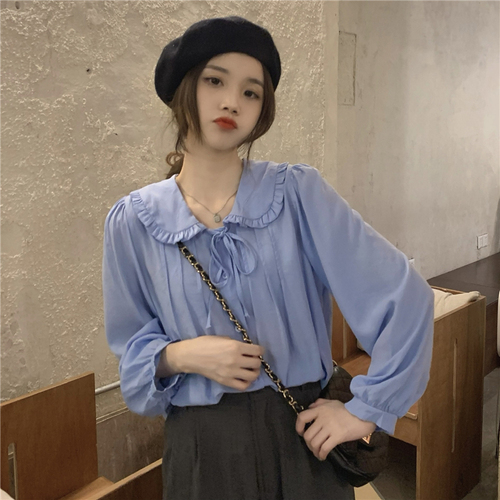 Real price! Early spring design Korean version folding lace up shirt sweet doll collar Long Sleeve Shirt