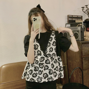 RM9783#韩版复古宽松蕾丝边假两件雪纺衫夏季花色拼接短袖上衣