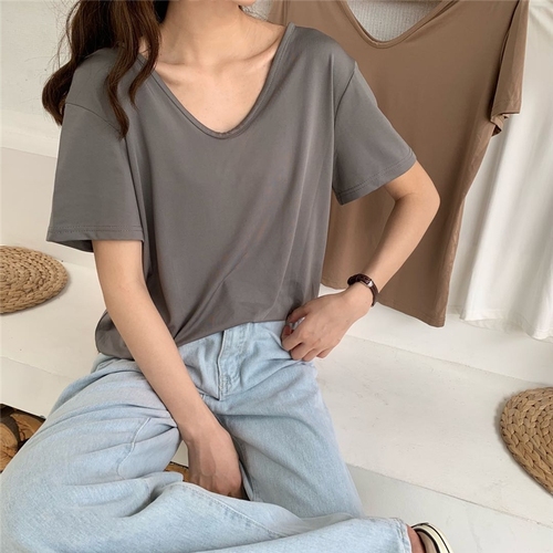 Real price! Spring and summer new 4-color versatile slim two wear U-neck V-neck lazy loose T-shirt