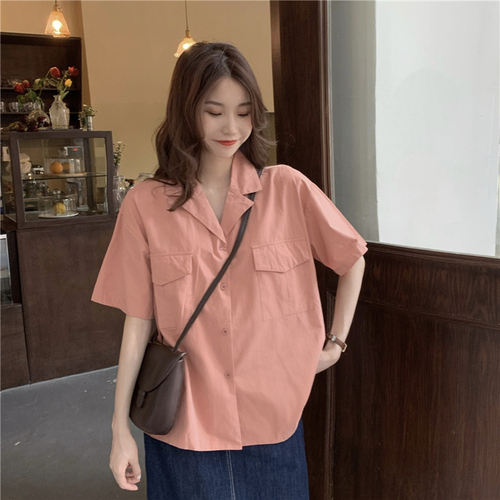 Real shot real price Korean suit small Lapel cotton pocket hem split simple versatile short sleeve shirt