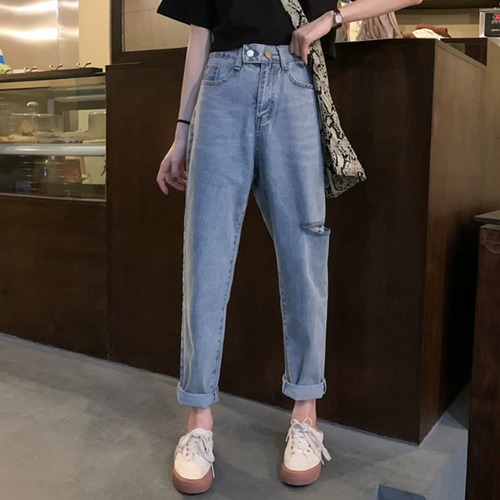 Real photo real price Korean version high waist loose show thin do old wash two button hole elastic jeans