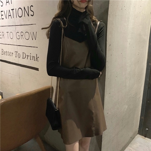 Real price! Light mature style versatile suspender skirt leather skirt high neck folding long sleeve bottoming shirt two-piece set