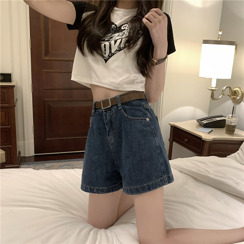 Real shot real price Korean version versatile loose Retro Blue student a-word slim high waist Cowboy SHORTS women's fashion