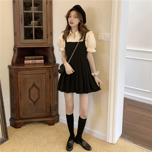 Real price! Korean bubble sleeve stitching design A-line pleated skirt women's two-piece dress