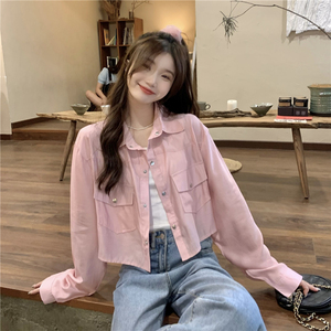 RM9826#白色宽松小个子短款衬衫外套韩版复古百搭工装防晒开衫