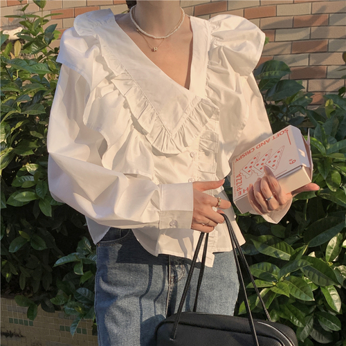 Real price! Spring retro fashion solid color short shirt women's loose lace V-Neck long sleeve shirt