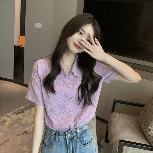 Real price purple Pleated Chiffon short sleeve shirt women's design sense niche pearl button top fashion