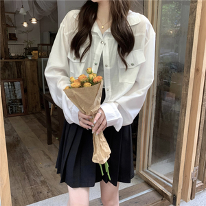 RM9826#白色宽松小个子短款衬衫外套韩版复古百搭工装防晒开衫