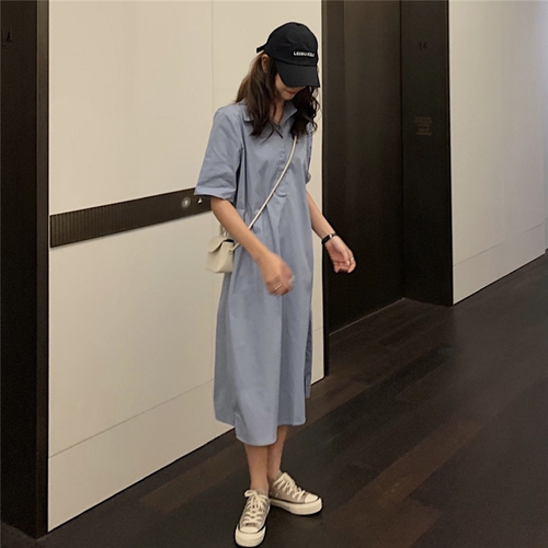 Real price Korean version simple polo collar shirt skirt loose and thin straight skirt medium length dress