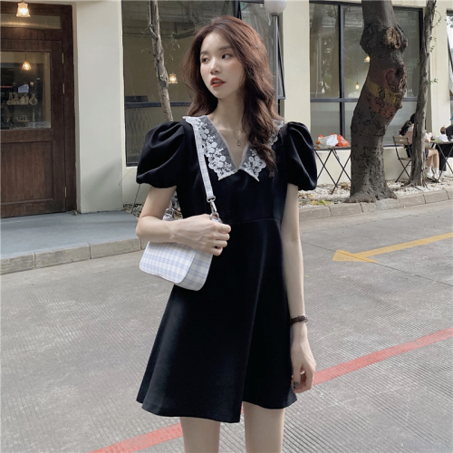 Real photo, real price, Korean version, sweet Lapel dress, high waist, small black dress, thin first love dress