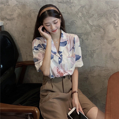 Real price! Korean loose retro Hong Kong style rendering printed short sleeve shirt lazy top