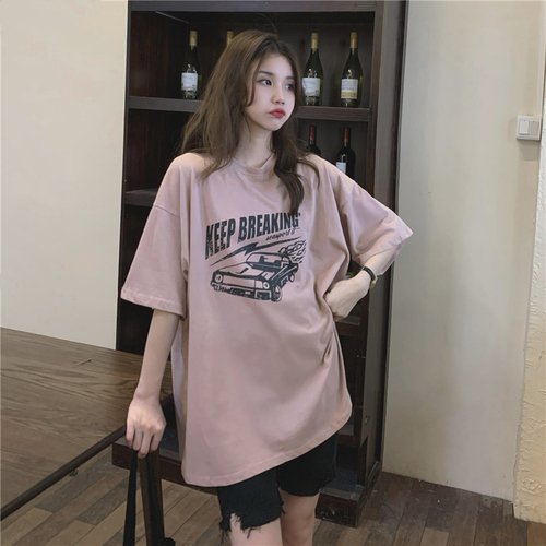 Real price! Korean retro loose letter car design medium length undershirt missing short sleeve T-shirt