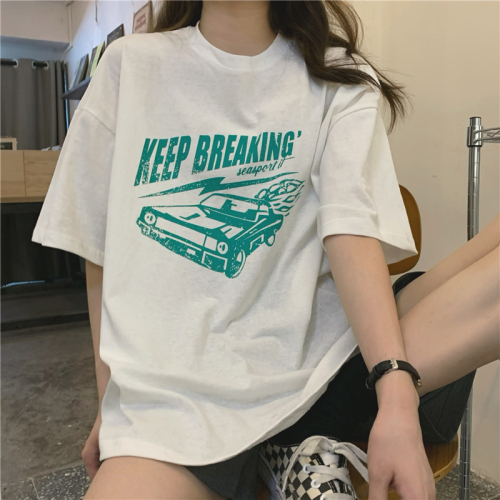 Real price! Korean retro loose letter car design medium length undershirt missing short sleeve T-shirt