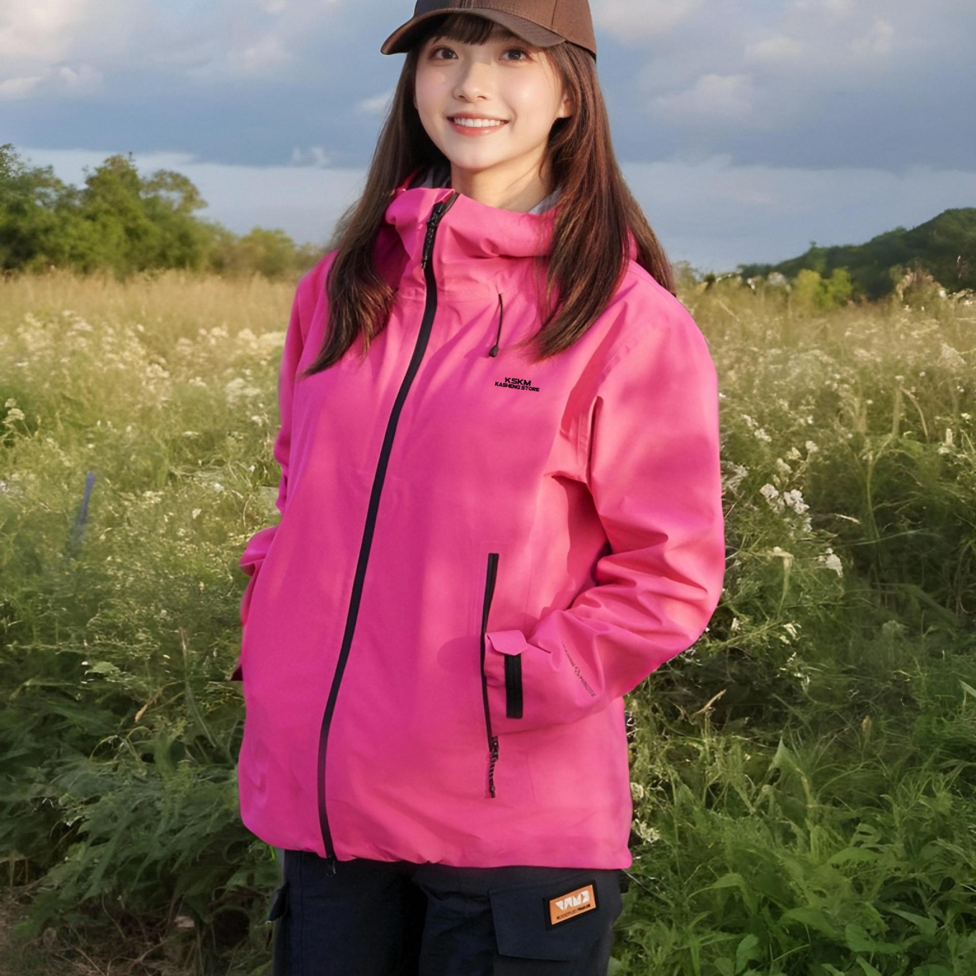 卡盛玫红色冲锋衣款外套女2025新款秋季户外运动三合防风一登山服