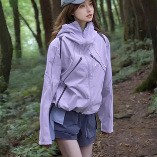 户外三合一防风防水登山服 美式 紫色机能冲锋衣款 外套女2025秋新款