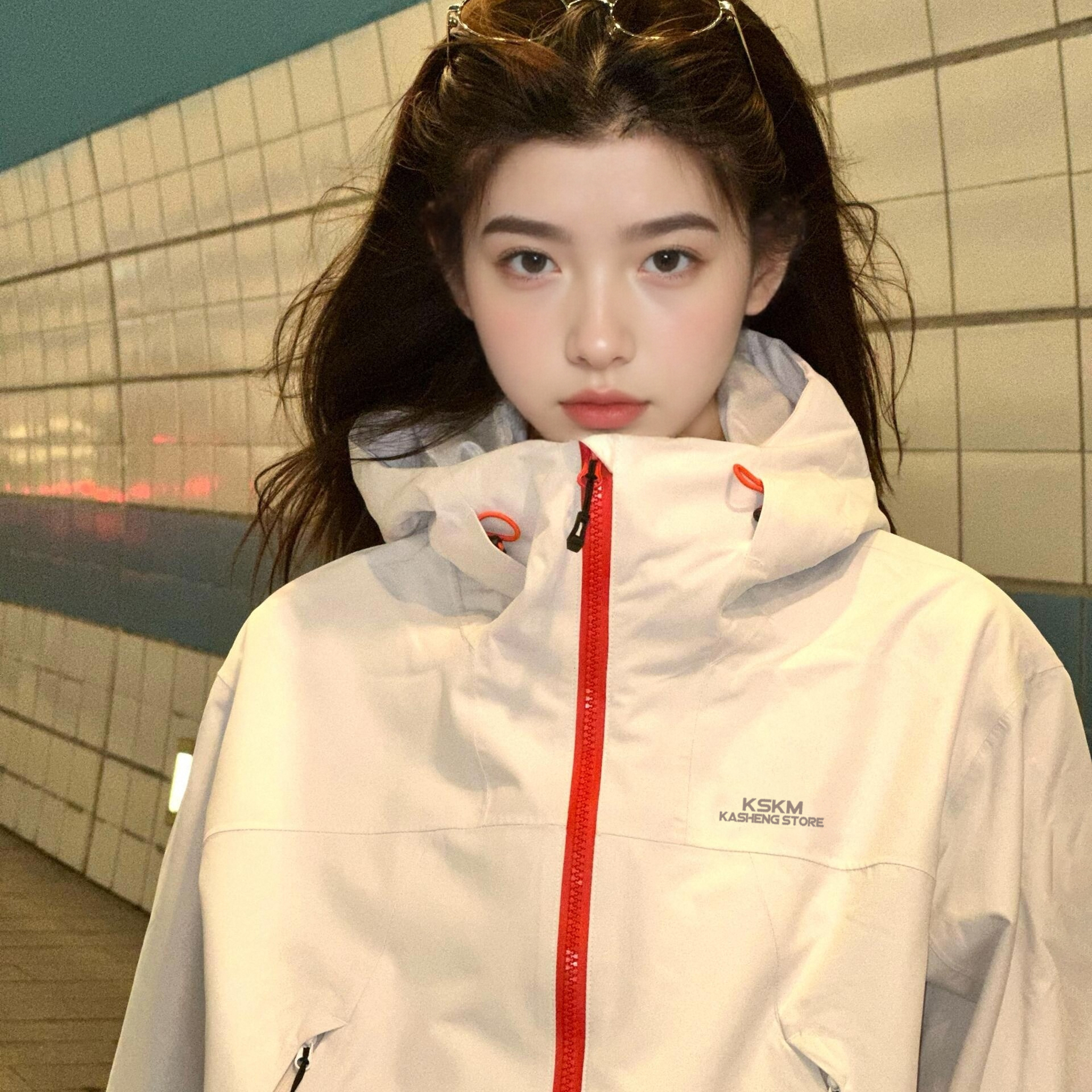 卡盛白色防风防水冲锋衣外套