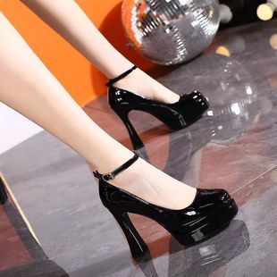 粗跟防水台一字扣带漆皮气质晚宴单鞋 新款 女春季 11cm圆头超高跟鞋