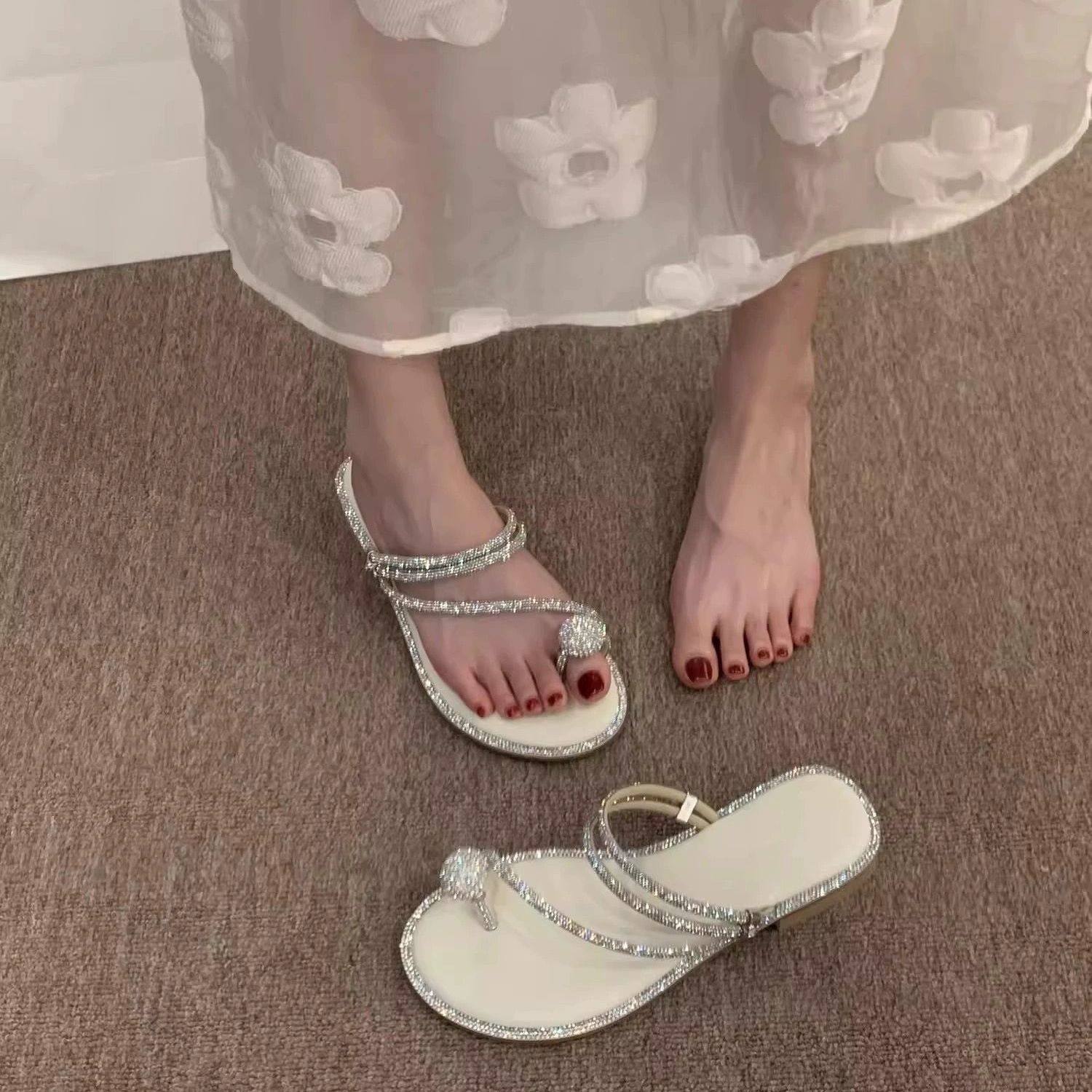 夏季软皮拖鞋网红仙女配裙子两穿凉拖鞋女夏外穿平底闪闪水钻凉鞋,女鞋,一字拖,淘宝优惠券,粉丝福利购,淘宝优惠卷