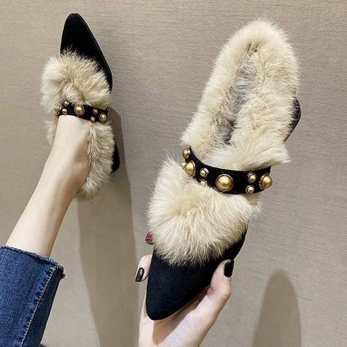 兔毛毛鞋女外穿2025年新款冬季尖头高跟粗跟保暖棉鞋加绒豆豆鞋子