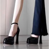 玛丽珍防水台厚底走秀凉鞋 女中空一字扣带性感粗跟11cm黑色高跟鞋