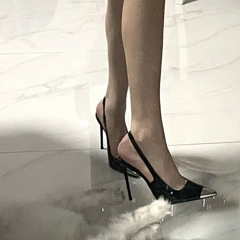 2024新款法式气质尖头漆皮包头凉鞋女夏细跟高跟鞋金属头后空单鞋,女鞋,一字带凉鞋,淘宝优惠券,粉丝福利购,淘宝优惠卷