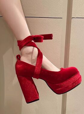 红色厚底lolita玛丽珍高跟鞋女防水台小个子缎面交叉绑带粗跟单鞋