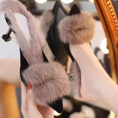 2024新款毛毛高跟拖鞋女时尚外穿秋冬百搭尖头细跟包头加绒半拖鞋