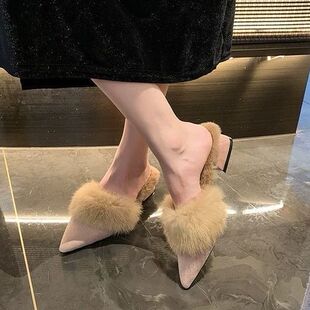 毛毛拖鞋女秋冬外穿2025新款高跟包头半拖毛拖粗跟女鞋时尚穆勒鞋