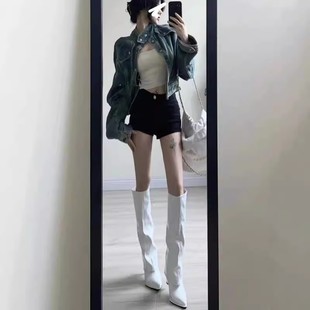 时髦精 管靴细跟高筒不过膝高跟长筒靴女秋冬 骑士漆皮长靴尖头裤