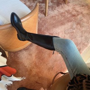 后拉链厚底皮靴V口西部牛仔靴女高跟尖头骑士靴长靴高筒靴长筒靴