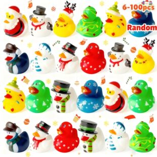 6-100pc Christmas Ducks Baby Bathtub Toys, Assorted Xmas Rub
