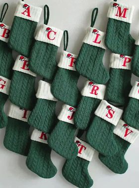 Green A-Z Letter Hanging Christmas Stockings Monogram Knitte
