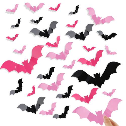 24/48Pcs Halloween Pink Bats Window Sticker 3D Spooky Bat Wa