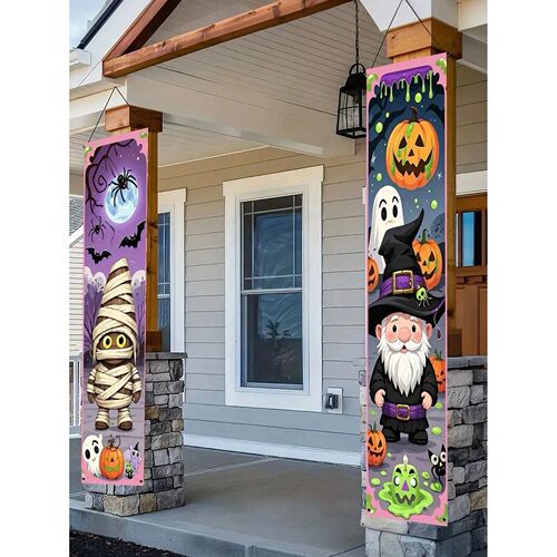 2pcs/Set Halloween Themed Porch Banner  Cartoon Mummies, Pum