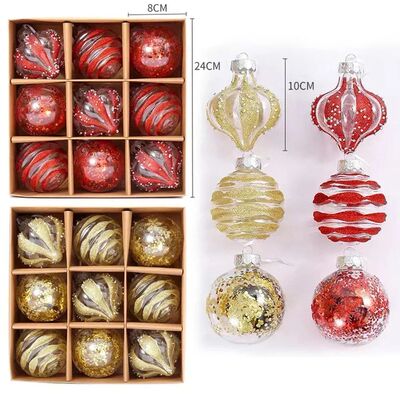 8CM 9PCS Christmas Ball Ornaments Champagne Gold Red Glitter