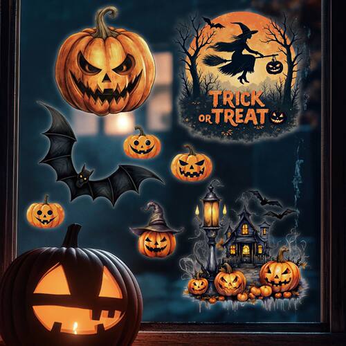 16PCS Halloween Window Stickers Pumpkin Witch Bat Pattern Wa