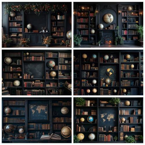 Back To School Retro Bookcase Backdrop Globe Bookshelf Books