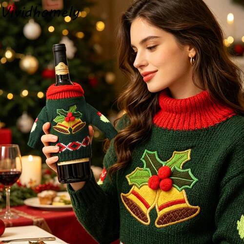 Elk Wine Bottle Cover Snowflake with Mini Santa Hat Christma