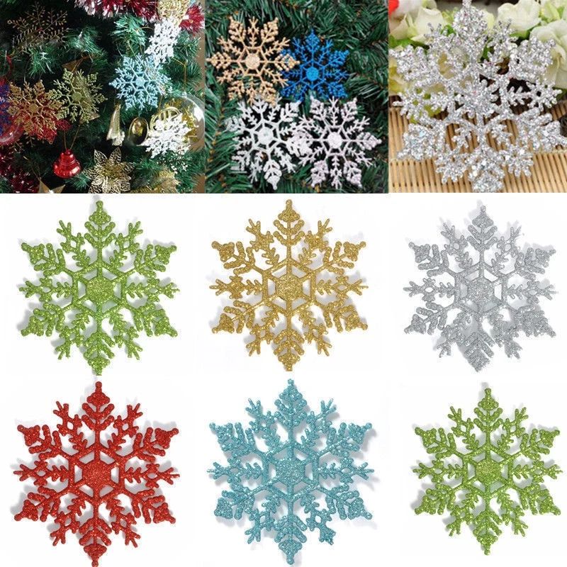 6/12 pcs Christmas Glitter Snowflake Ornaments Xmas Tree Han
