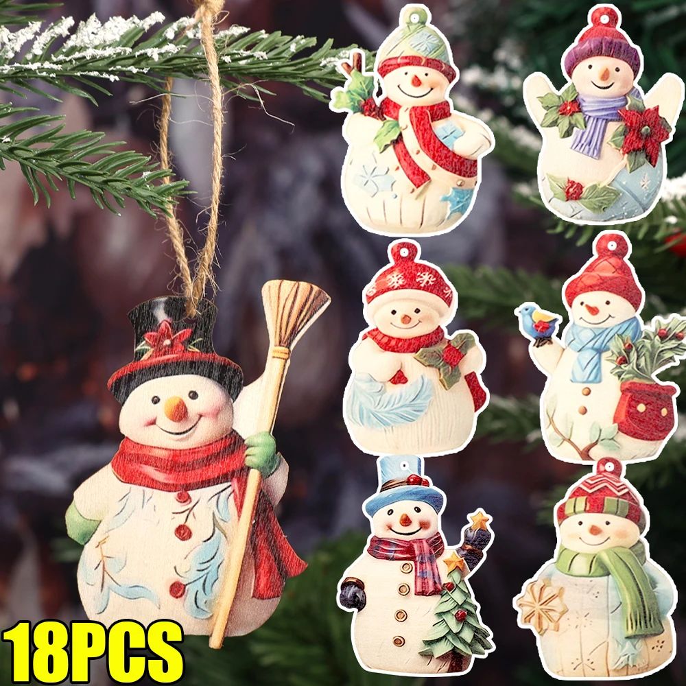 18PCS Wooden Snowman Ornament with Lanyard Christmas Tree Ca