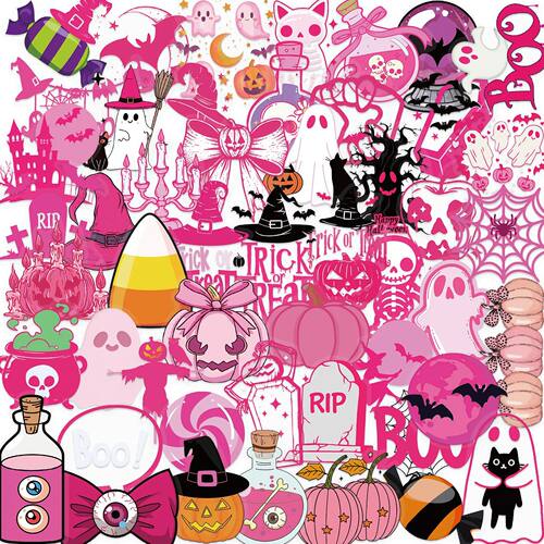 50 Cartoon Pink Halloween Party Stickers Pack Waterproof Tra