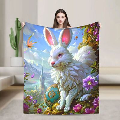 Easter Theme Flannel Blanket - Bunny Egg Floral Print Decor