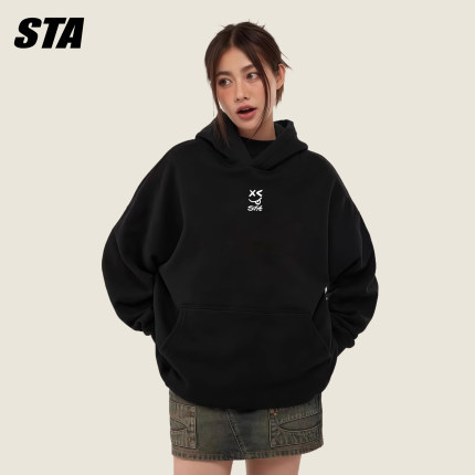 STA旗舰店美式卡通笑脸连帽卫衣男女潮牌重磅纯棉宽松情侣黑外套