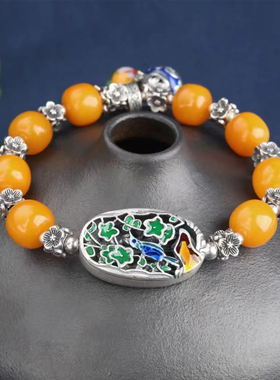 31.6克天然琥珀蜜蜡景泰蓝重工手串泰银纯银做旧复古手链节日礼物