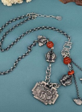 新客老银项链一套68克天然南红玛瑙原创设计复古做旧