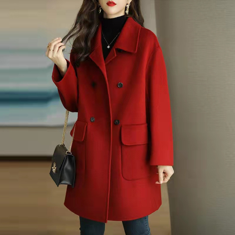 秋冬季胖妹妹mm200加肥加大码新款宽松显瘦中长款红色毛呢大衣女